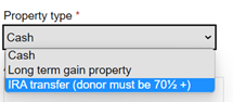 GiftCalcs Property Type detail: IRA transfer (donor must be 70 1/2+)