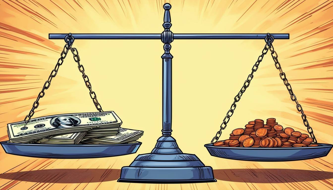 pan balance showing $100 bills and pennies weighing roughly equal amounts