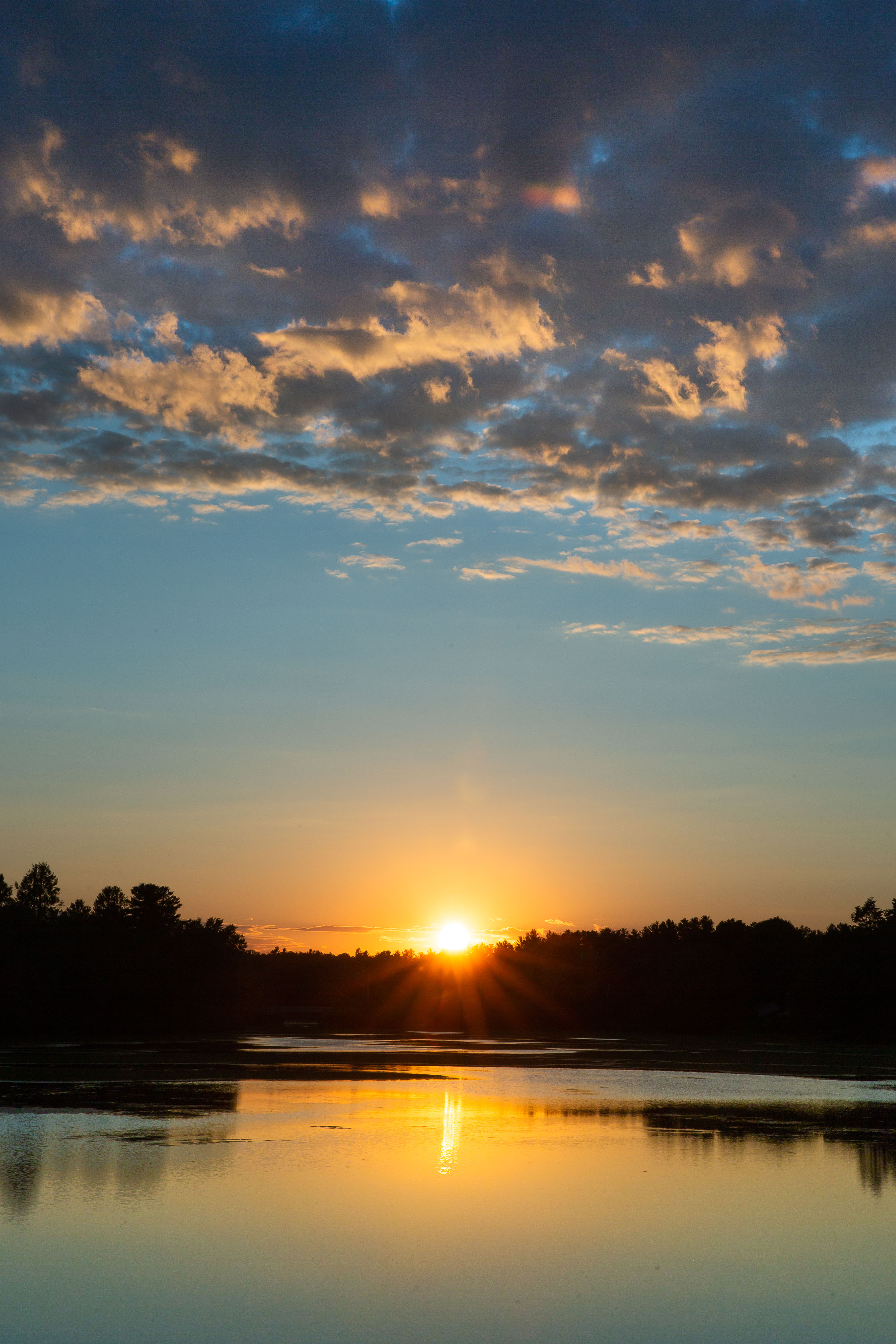sunset behind trees reflected in a body of water - photo by warren bailey