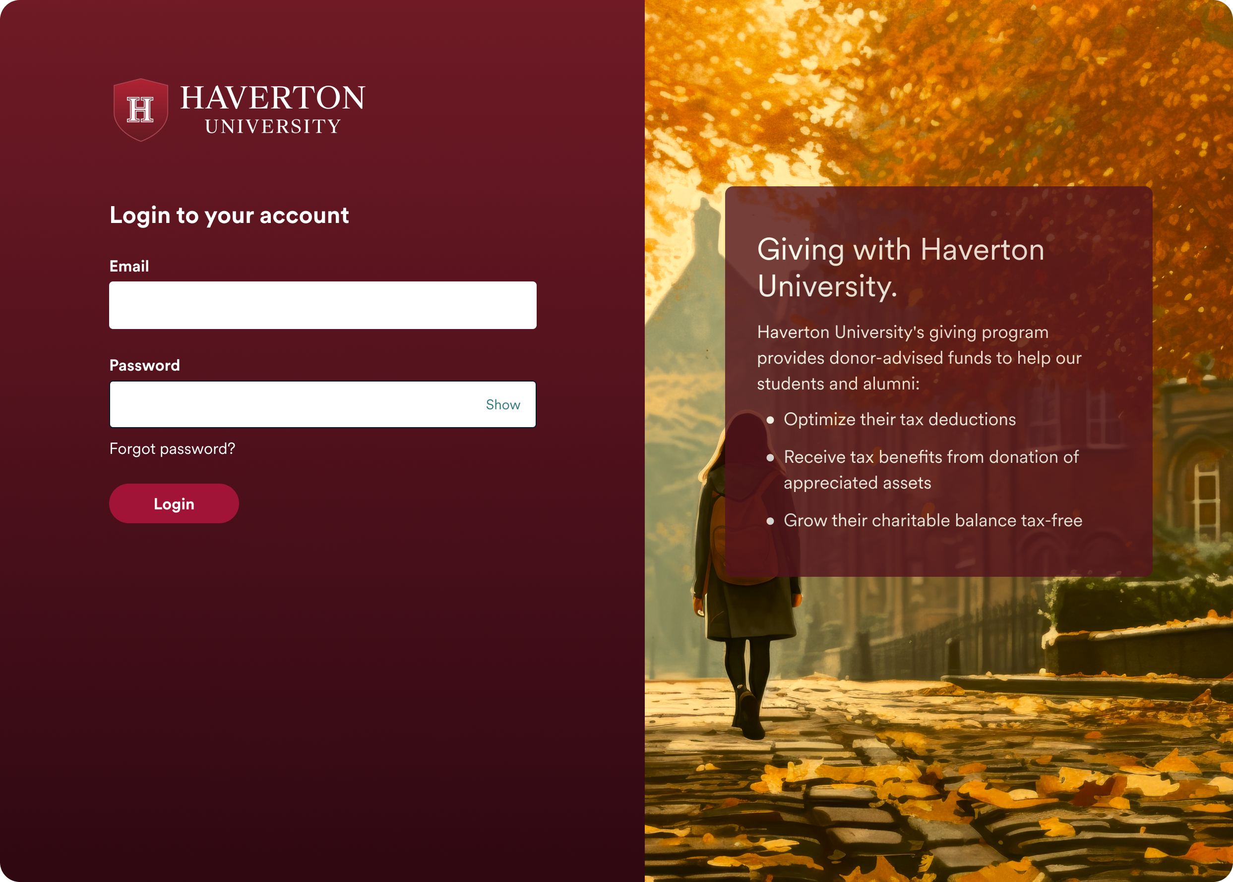 Haverton University DAF Login Screen