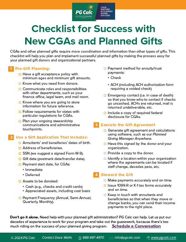 Checklist for Success with New Charitable Gift Annuities (CGAs) and Planned Gifts